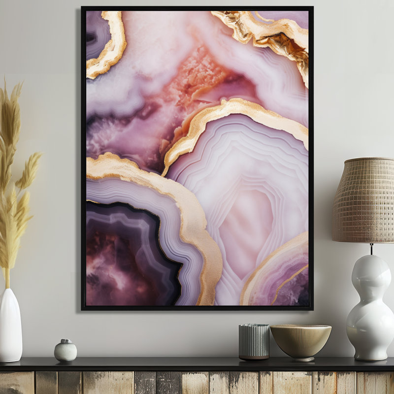 Tendre teintes de glam agate II - salon d'art mural en marbre, Cadre flottant noir, H 20 po x l 12 po x P 1 po