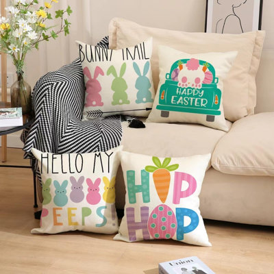 Décoration de Pâques - Ensemble de 4 housses de coussin 45 x 45 cm, taies d'oreiller printanières en lin avec lapin et œuf pour grand canapé, décoration intérieure et extérieure pour les fêtes (rose, 45 x 45 cm)