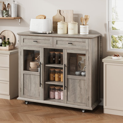 Armoire polyvalente pour îlot de cuisine mobile - Chariot de rangement roulant de 41 po avec abattant, 2 armoires à portes en verre, 3 tablettes ouvertes et 2 tiroirs, utilitaire peu encombrant pour l'entrée ou les petites cuisines, gris