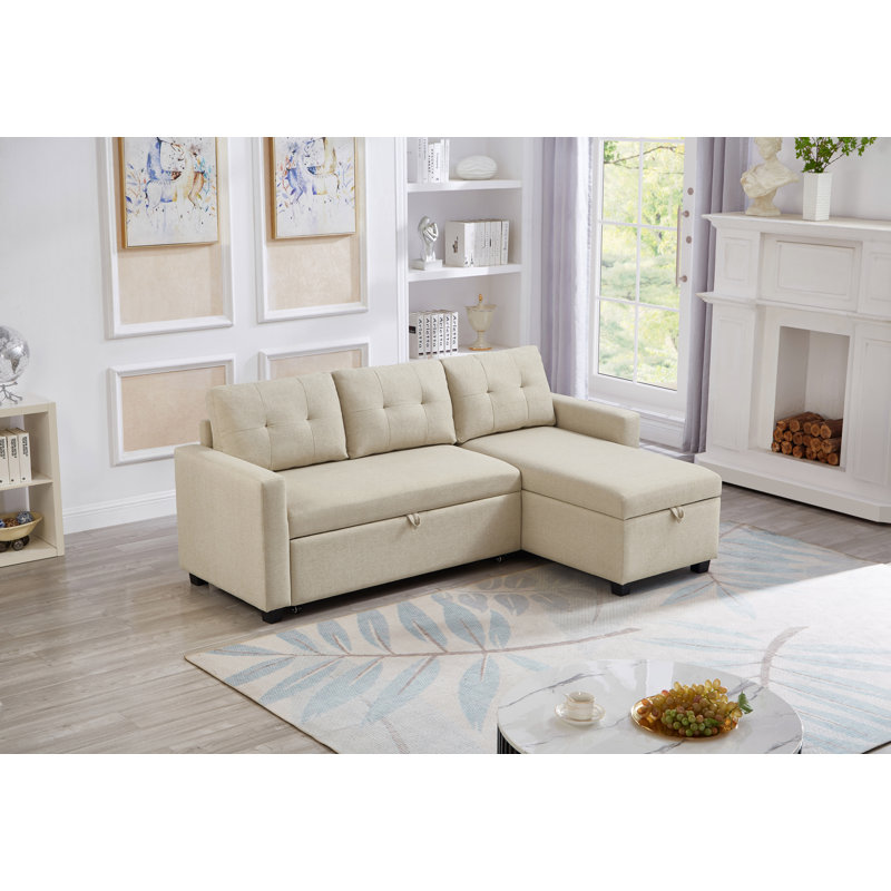 Ricky Pull-Out Sleeper Sectional Sofa with Storage Chaise, Beige