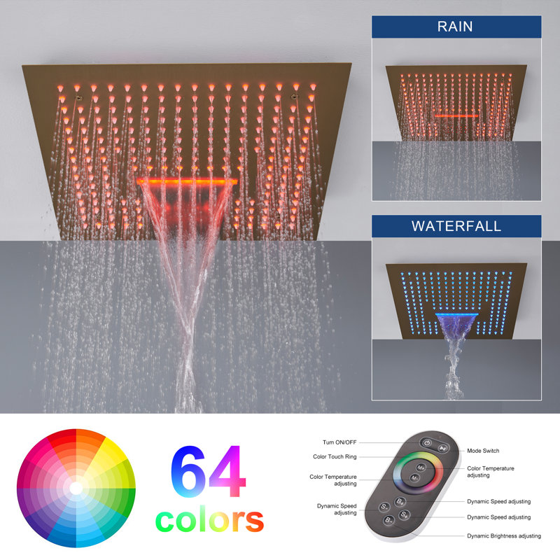 16" Flush Mounted 4-Function Thermostatic Luxury Complete Shower System with LED and Bluetooth Music, Brushed Gold