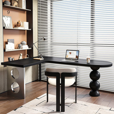 Black corner L-shaped solid wood desk with stainless steel legs