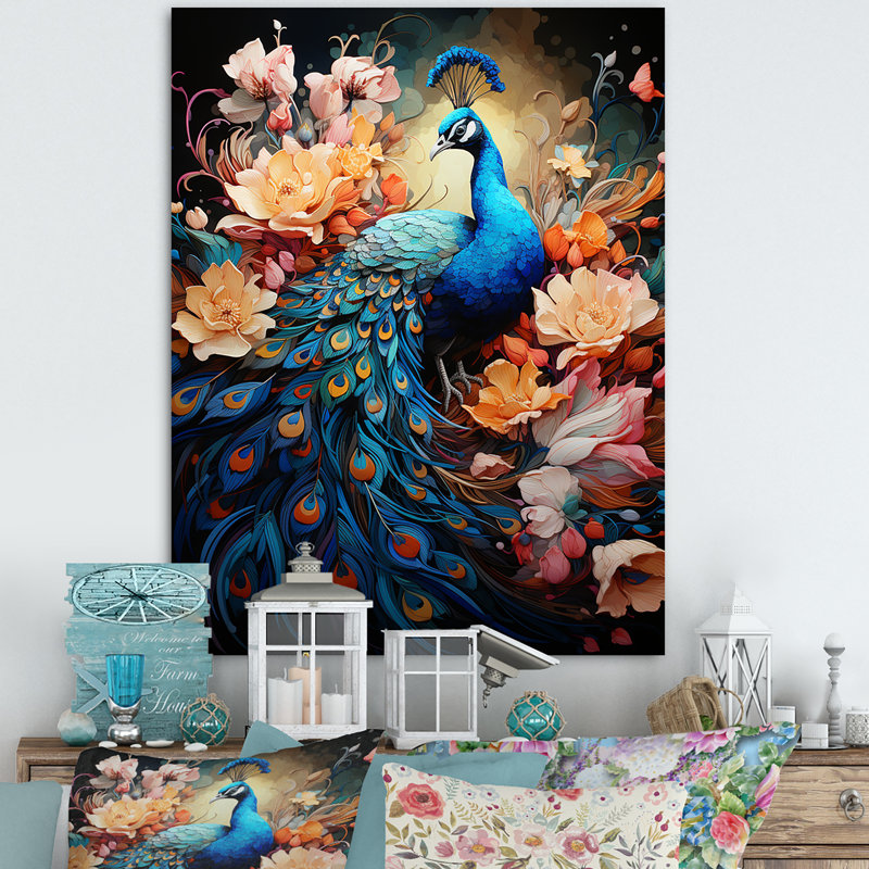 «Majestic Flowerful Peacocks Harmony I» sur toile, Toile tendue, H 32 po x l 16 po x P 1 po