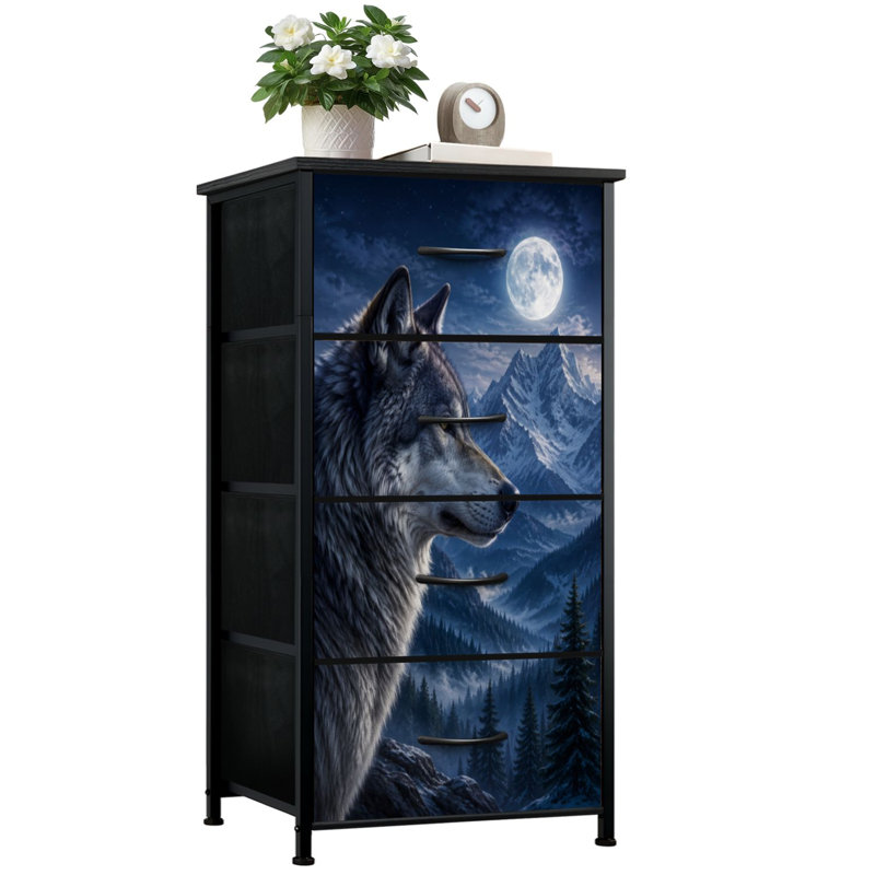 Commode 4 tiroirs à rangement vertical majestueux Wolf Snowy Mountain Landscape Under Moonlight