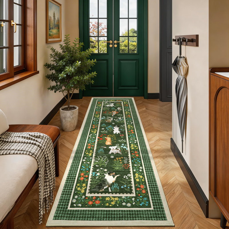 Cute Animal Machine Washable Rug, Non-Slip Low-Pile Area Rug with Rubber Backing for Living Room Bedroom Nursery, Green