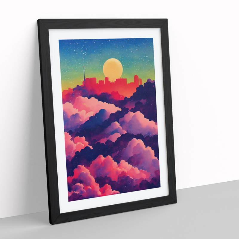 Watercolour City Skyline Clouds No.6 1 Piece Single Picture Frame Painting, 46cm H x 34cm W x 2cm D, Black Framed