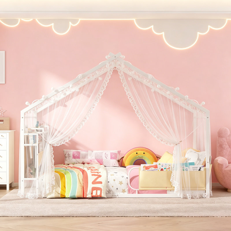 Lit simple Montessori avec structure de toit, lit pour tout-petit Lit simple pour enfants avec garde-corps de sécurité, lit Montessori pour garçons, cadre de lit robuste pour enfants