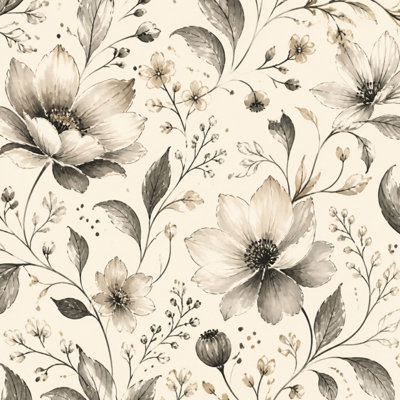 Papier peint adhésif botanique à motifs floraux beiges et gris neutres, style vintage, dessiné à la main. Décoration murale amovible et autocollante pour chambre, cuisine et placards. 61 cm x 300 cm.