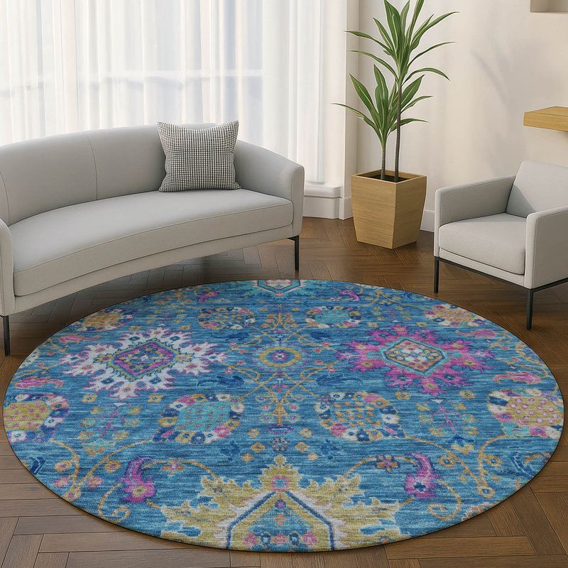 Premium Machine Washable Mayfield AMF2151 medallions Rug, Blue, Round 8'