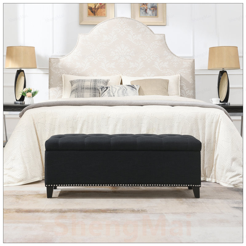 Banc de rangement en lin capitonné avec charnière de sécurité, spacieux et élégant pour le salon et le vestibule, peut supporter jusqu'à 500 lb