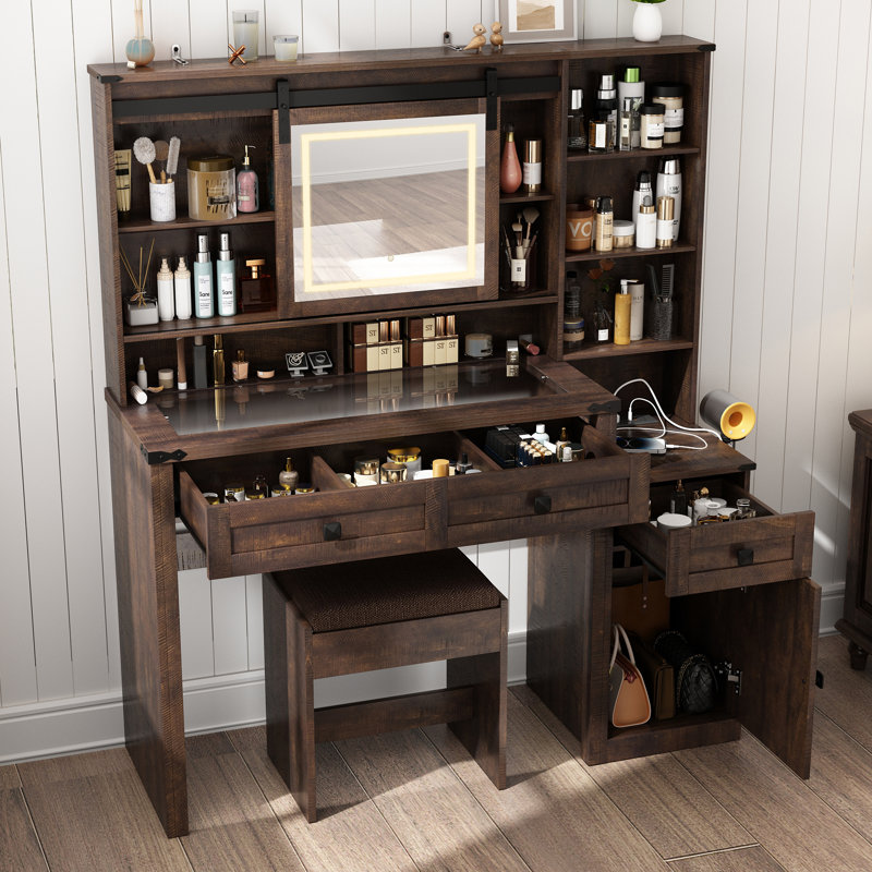 Barn Door Makeup Vanity Set with Lighted Mirror & Socket