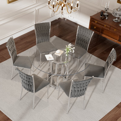 Ensemble de table de salle à manger 47,2 po en verre pour 6 personnes, ensemble de table de cuisine ronde avec chaises en velours