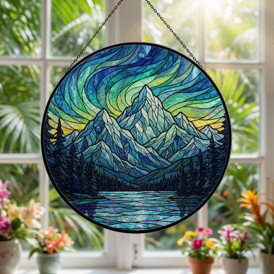 12"H Mountain Landscape Stained Glass Window Panel
