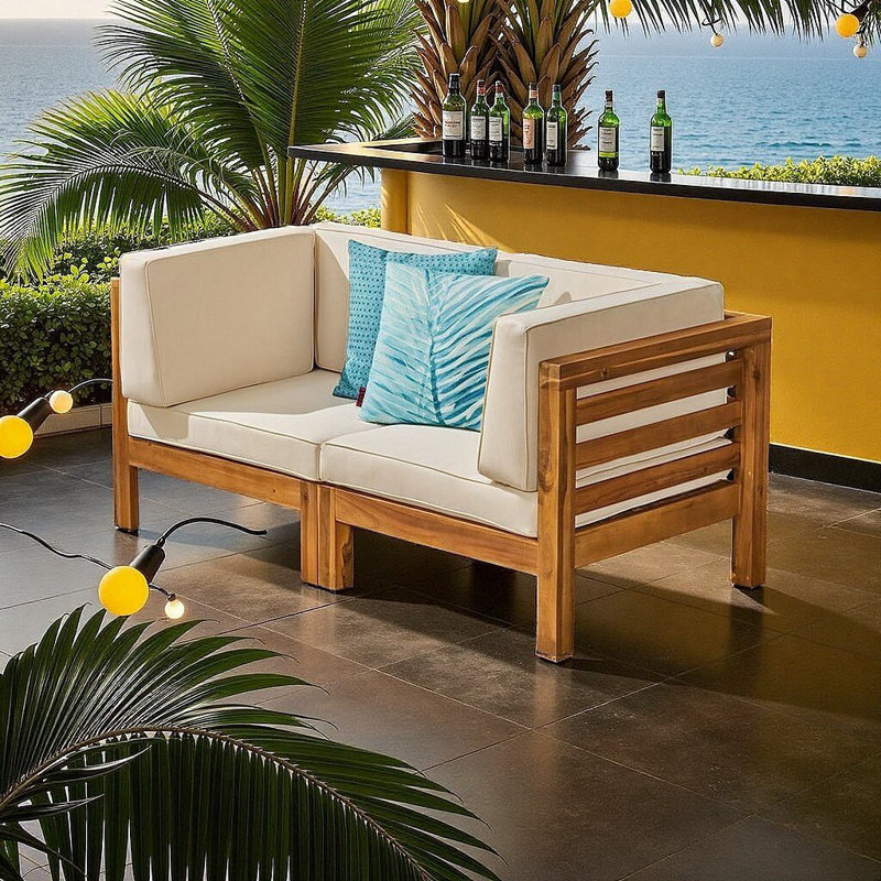 Ensemble de causeuse d'extérieur élégant en bois d'acacia de style Mid-Century | Canapé de patio peu encombrant | Résistant à l'eau et facile à assembler