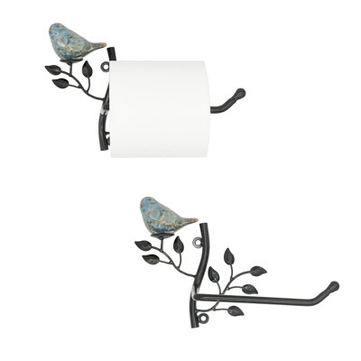 Ensemble de 2 porte-papier hygiénique mural en métal avec oiseau en céramique, organisateur de rouleau (noir)