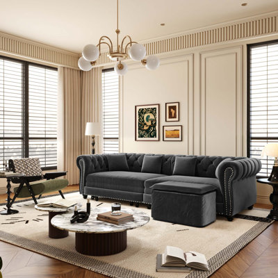 Tufted Velvet 3-in-1 Convertible Sofa Bed with Movable Ottoman