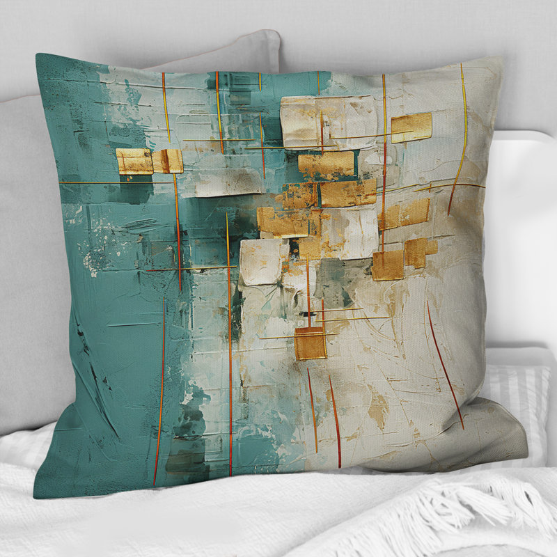 California Sunshine Retro Abstract Gold Teal - Coussin décoratif avec peinture abstraite, 16" x 16"