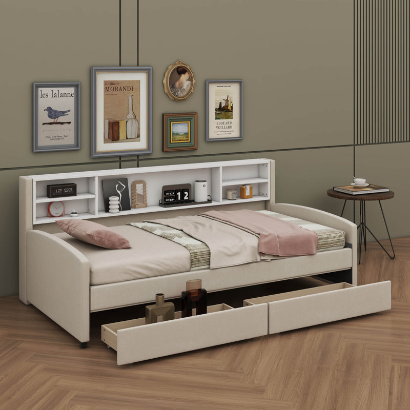 Lit plateforme simple tapissier avec tiroirs, Beige