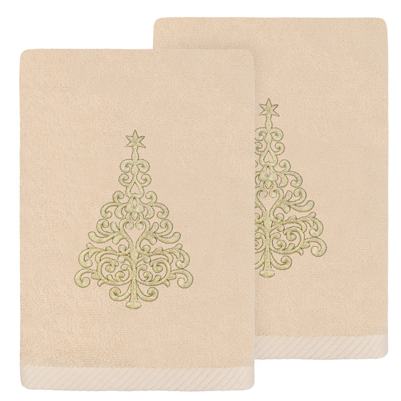 The Holiday Aisle® Christmas Gold Tree - Embroidered Luxury 100% Turkish Cotton Hand Towels (Set Of 2), Sand