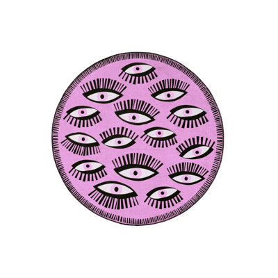 Light Fuchsia Pink Eye Theme Woven Base Round Carpet