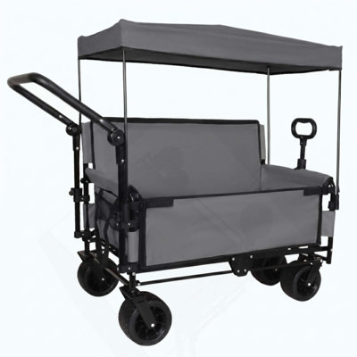 3-in-1 Folding Wagon Cart with Bench Seat & Canopy & Storage, 500lbs Heavy-Duty, 180L Capacity, All-Terrain Wagon for Camping, Beach, Sports, & Garden