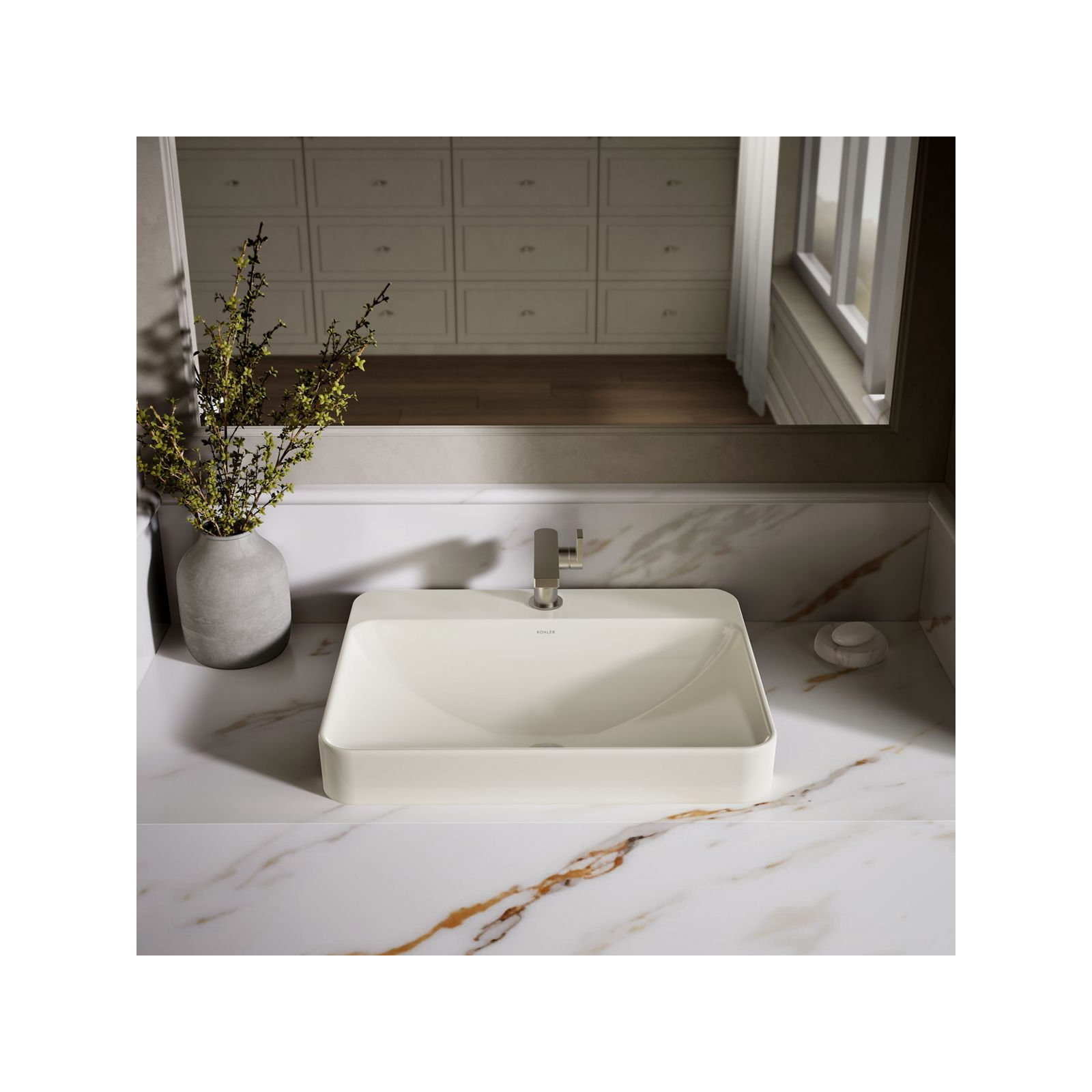 Vox Vitreous China Rectangular Vessel Bathroom Sink with Overflow, Biscuit, 1