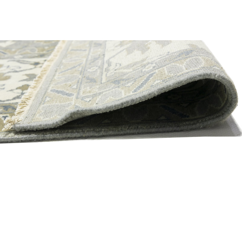 Floral Handmade Hand-Knotted Rectangle 11'10" x 14'10" Wool Area Rug in Cream
