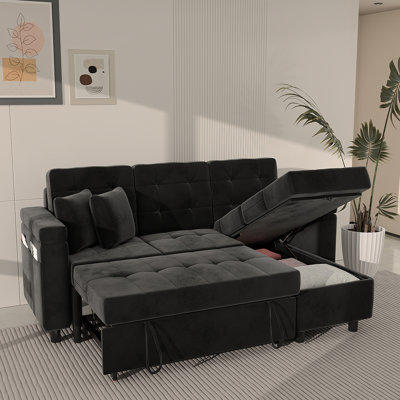 Convertible Sofa With Pull Out Bed, L-Shaped Sofa Couch With Storage Chaise For Living Room, Black