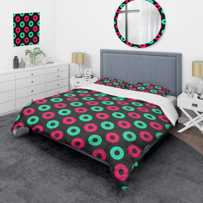 Motif de cercles roses et verts - Ensemble de housse de couette abstrait - Microfibre de polyester