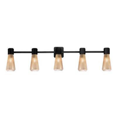 Barre d'éclairage de salle de bain 5 lumières Everleigh, fini noir mat avec verre côtelé ambre de 4 po