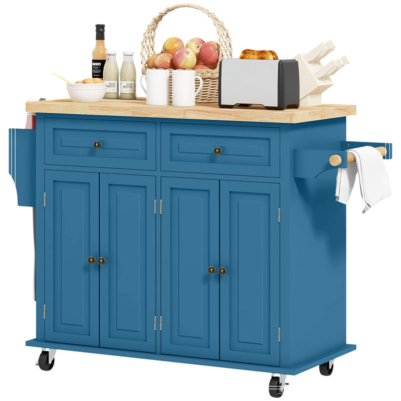 Îlot de cuisine avec armoires de rangement, 2 tiroirs et tablettes réglables, Bleu turquoise