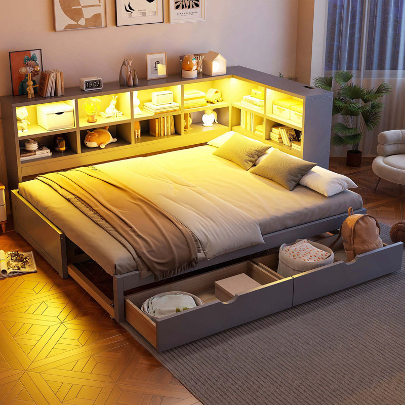 Twin XL To King Daybed With 2 Storage Drawers, Storage Cabinets, LED Light And USB Ports, Gray