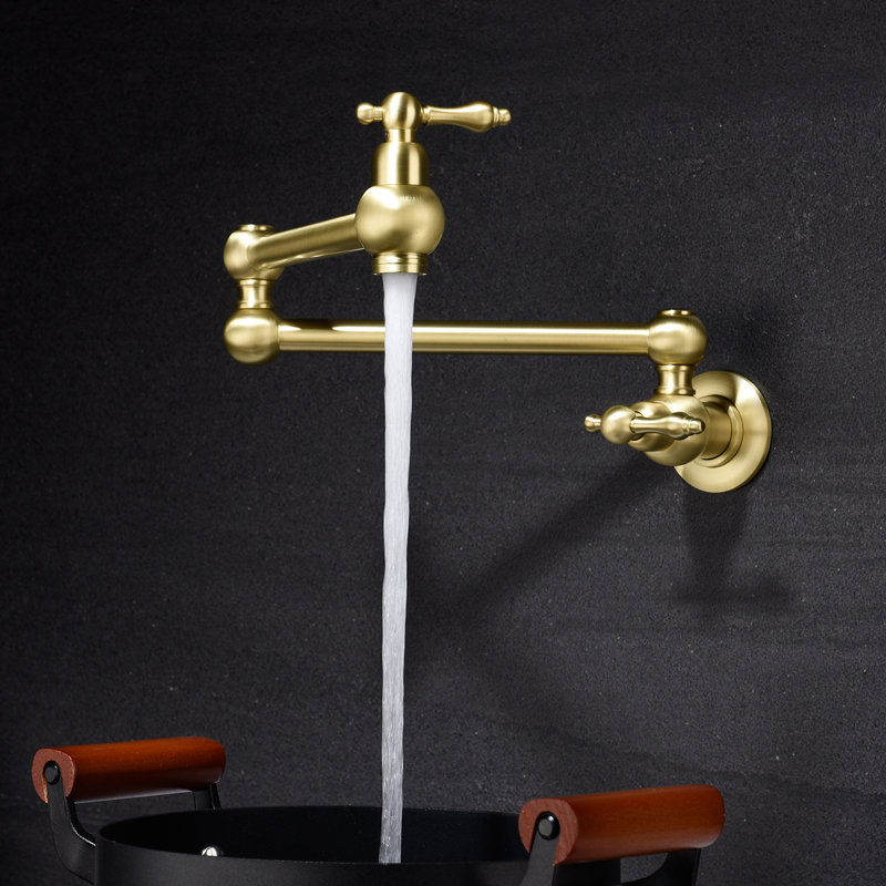 Gold Brass Pot Filler Faucet Wall Mount With Arm Advantageous Function, Double Handles For Fine Water Flow Control, Corrosion Surface Protection System, Serene And Aerator Design, Optimal Regulation,