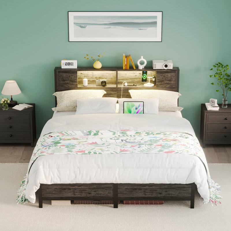 Cadre de lit en métal avec tête de lit, 2 armoires avec portes, lumières DEL et ports USB, grand espace de rangement, Grand