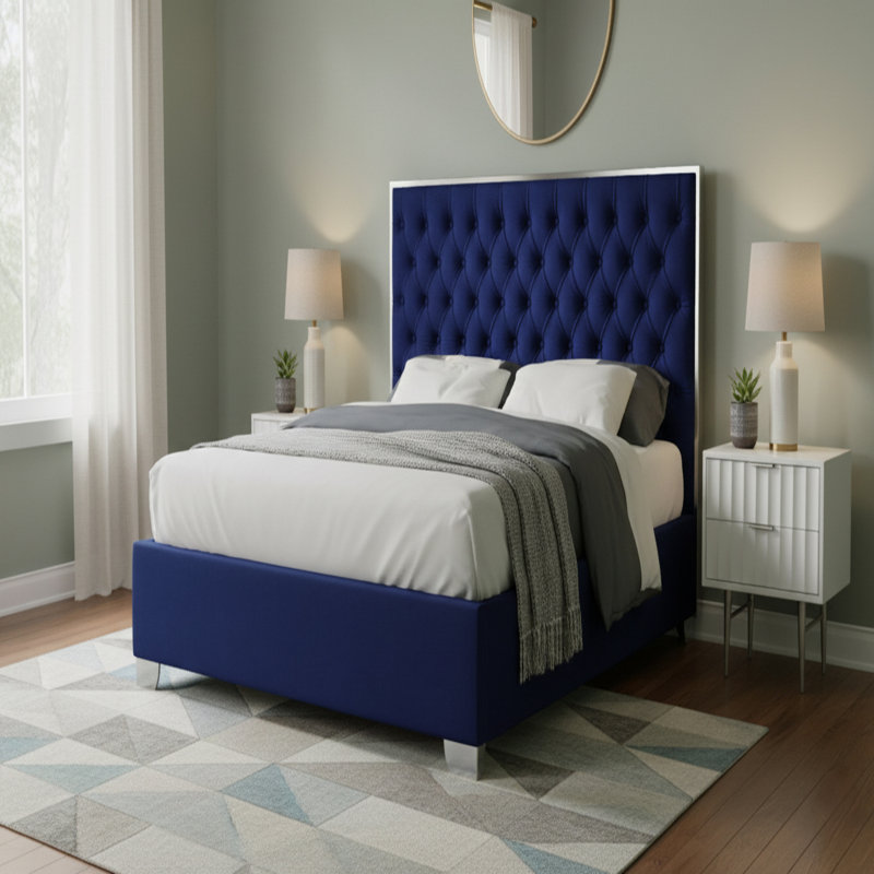 Lit plateforme tapissier capitonné Spadaro, Velours marine, Argent, Double