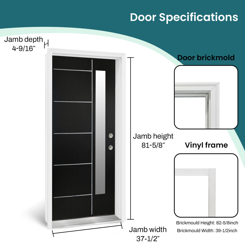 Porte d'entrée noire en fibre de verre avec rainures horizontales et verre givré vertical - porte d'entrée de 36 po x 80 po