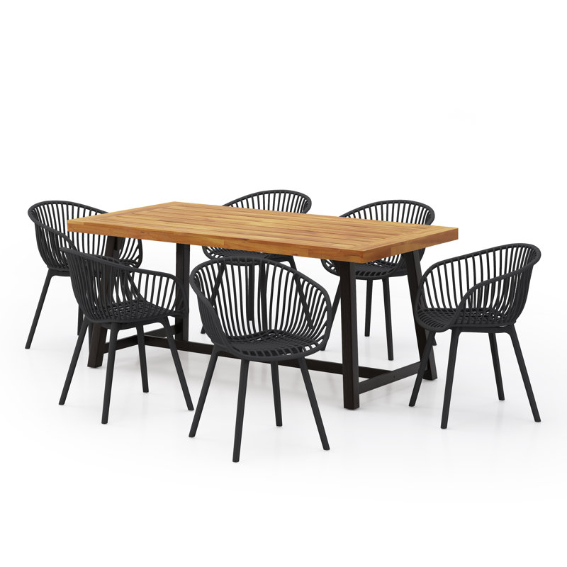 Malachi Outdoor Wood & Plastic 6-Seater Dining Set, Black