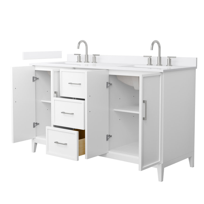 Elan 60'' Double Bathroom Vanity with Quartz Top, White, 8" Center, Brushed Nickel