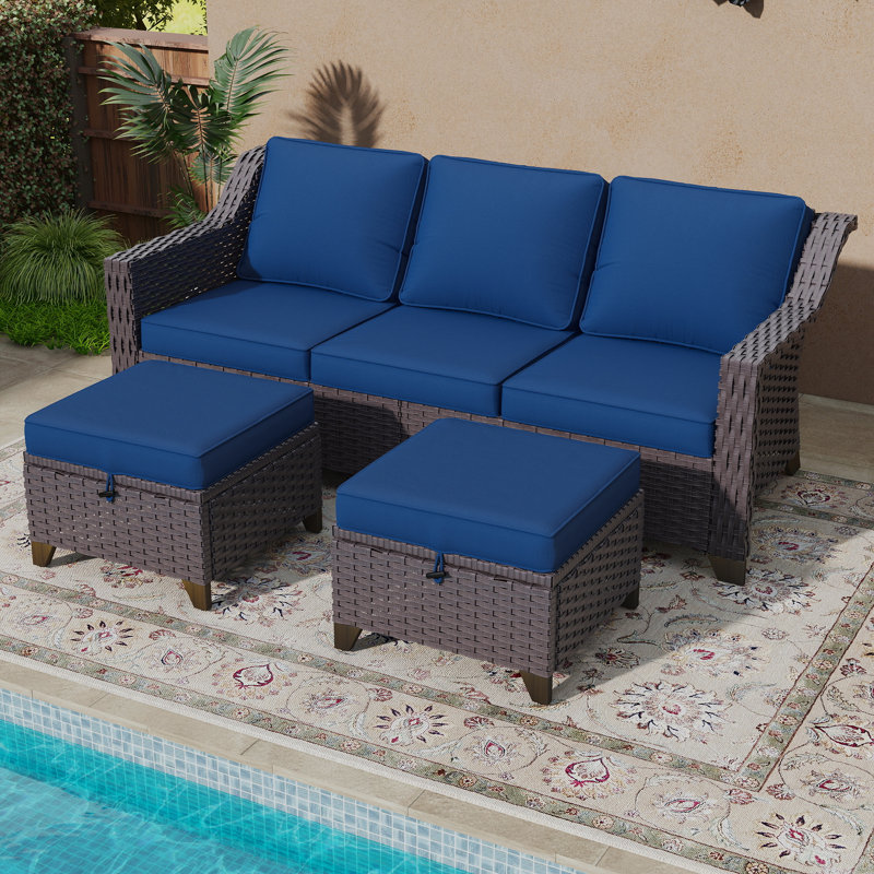 77'' Wide Wicker Outdoor Patio Sofa, Blue