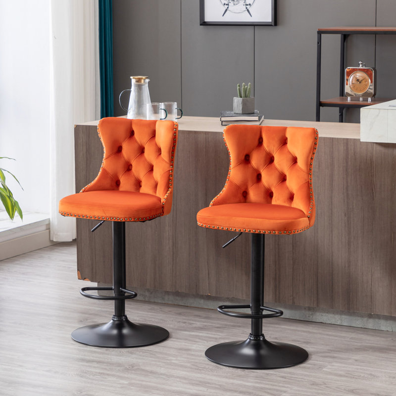 Adjustable Orange - 25-33 Inch Height, 17.7" Base, Back For Comfort, Home Pub And Kitchen Island, 2 Pieces Comfortable Velvet With Seat, 17.7 Base Kitchen, Of