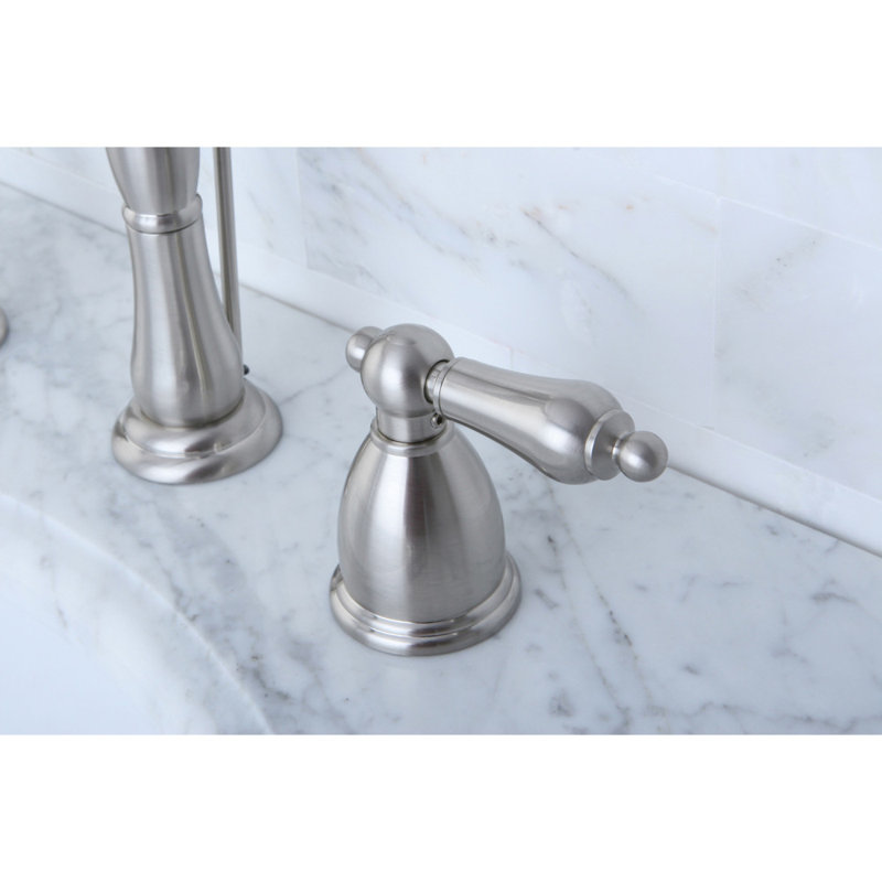 Kingston Brass Heritage Two-Handle 3-Hole Deck Mount Widespread Bathroom Faucet with Pop-Up Drain, Brushed Nickel