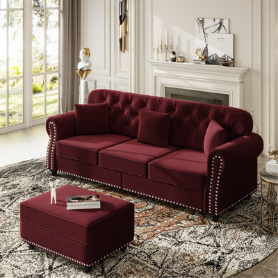 82.6"Upholstered Velvet Sofa with Nailhead Trim and Rolled Armrests,Mid-Century Modern Chesterfield Sofa with Button Tufted,Includes 3 Pillows,Burgundy