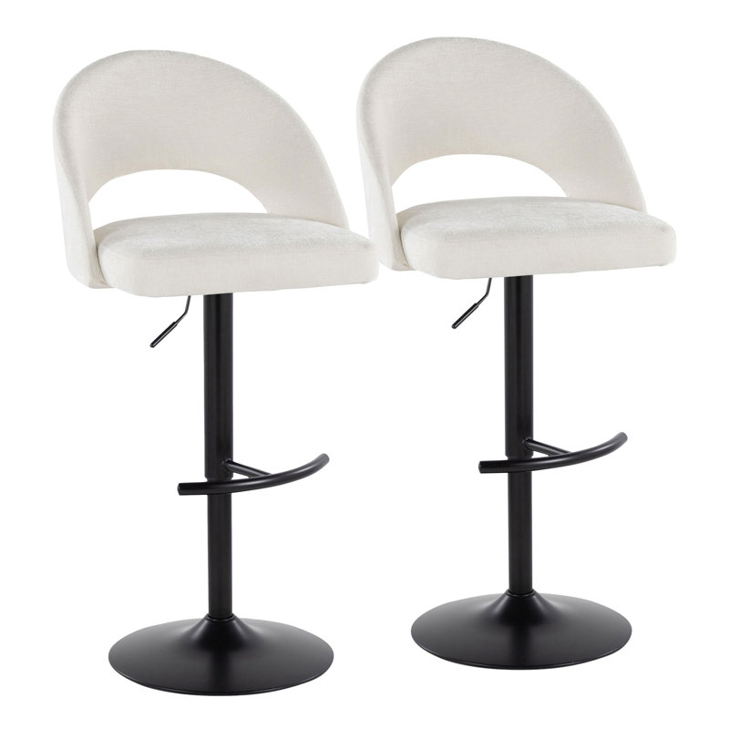 Tabouret ajustable avec pivot en métal et tissu crème avec repose-pieds rond en T - ensemble de 2, Crème, Noir