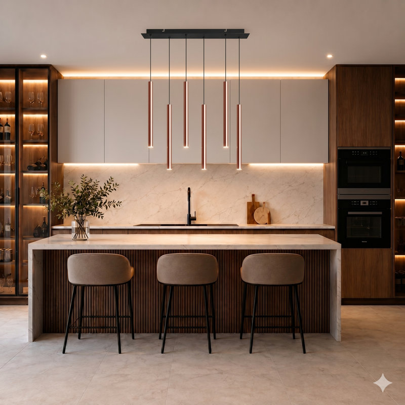 Luminaire suspendu linéaire à 6 lumières pour îlot de cuisine Baileyton, Cuivre