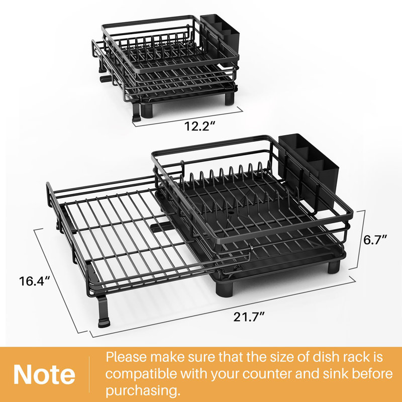 Égouttoir à vaisselle - Égouttoir à vaisselle extensible, grand égouttoir à vaisselle pour comptoir de cuisine, égouttoir à vaisselle en acier inoxydable avec porte-ustensiles (noir)