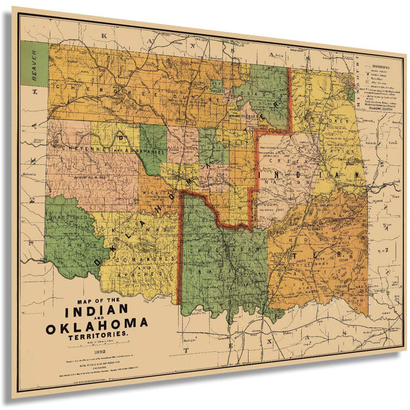 1892, affiche sur carte des Indiens et de l'Oklahoma sur papier, H 24 po x l 36 po x P 0,1 po