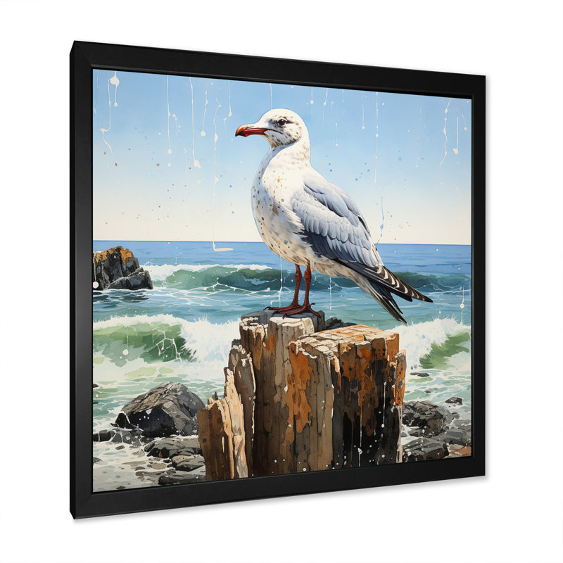 Seagull Solitude Pointillism II - impression, Cadre photo noir, H 30 po x l 30 po x P 1 po