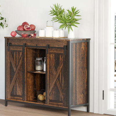 Buffet industriel rustique brun, armoire de rangement avec porte de grange coulissante avec tablettes réglables, armoire de cuisine polyvalente pour le salon et le bar