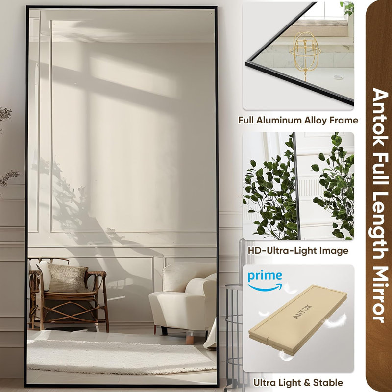 Miroir pleine longueur, miroir de plancher 76 po x 34 po avec support, miroirs suspendus pour chambre à coucher, salon, vestiaire, salle à manger, noir, rectangle