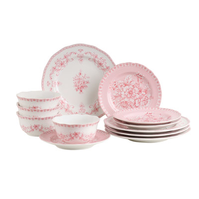 222 Fifth Genevieve Pink Porcelain 12-Piece Dinnerware Set for 4 - Floral Pattern, Ceramic Plates and Bowls Set, Dishwasher & Microwave Safe